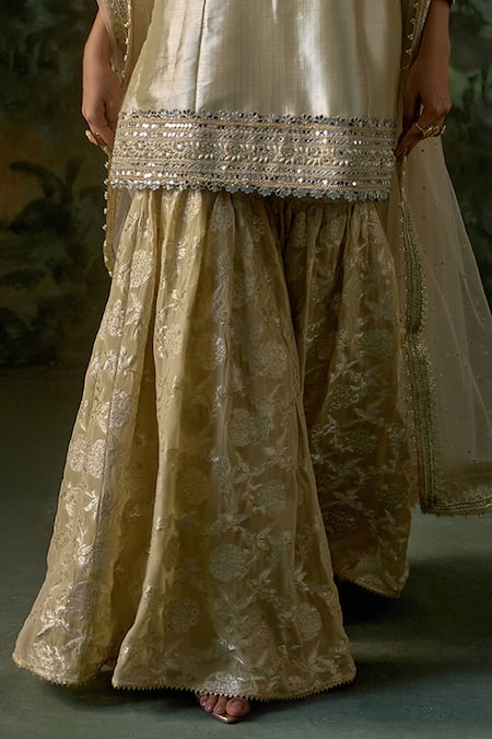 Mustard Moon By Neyha And Vrinda_Gold Brocade, Georgette, Net Mirrors, Sequins, Embroidery, Kurta Sharara Set _Online_at_Aza_Fashions