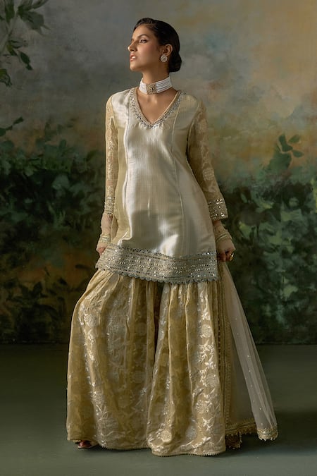 Shop_Mustard Moon By Neyha And Vrinda_Gold Brocade, Georgette, Net Mirrors, Sequins, Embroidery, Kurta Sharara Set _Online_at_Aza_Fashions