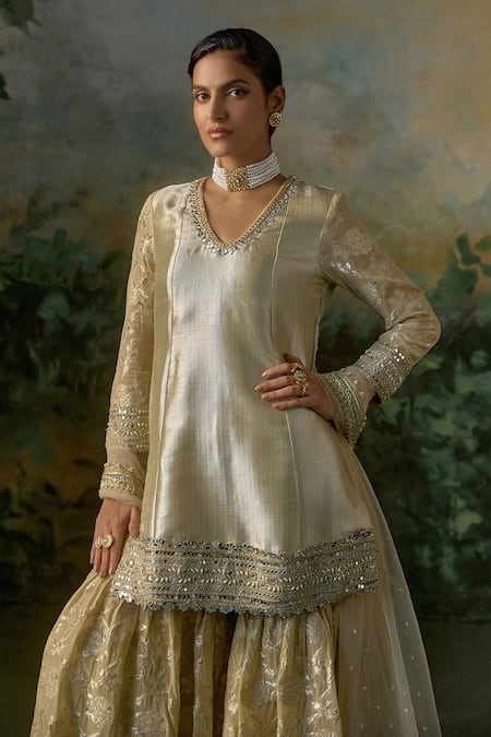 Mustard Moon By Neyha And Vrinda_Gold Brocade, Georgette, Net Mirrors, Sequins, Embroidery, Kurta Sharara Set _at_Aza_Fashions