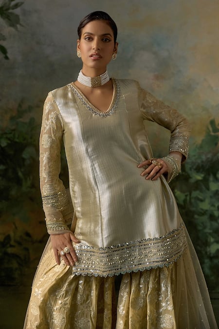 Buy_Mustard Moon By Neyha And Vrinda_Gold Brocade, Georgette, Net Mirrors, Sequins, Embroidery, Kurta Sharara Set 