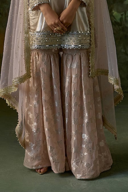 Mustard Moon By Neyha And Vrinda_Beige Brocade, Georgette, Net Mirrors, Sequins, Embroidery, Kurta Sharara Set _Online_at_Aza_Fashions