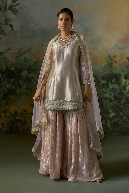 Buy_Mustard Moon By Neyha And Vrinda_Beige Brocade, Georgette, Net Mirrors, Sequins, Embroidery, Kurta Sharara Set _Online_at_Aza_Fashions