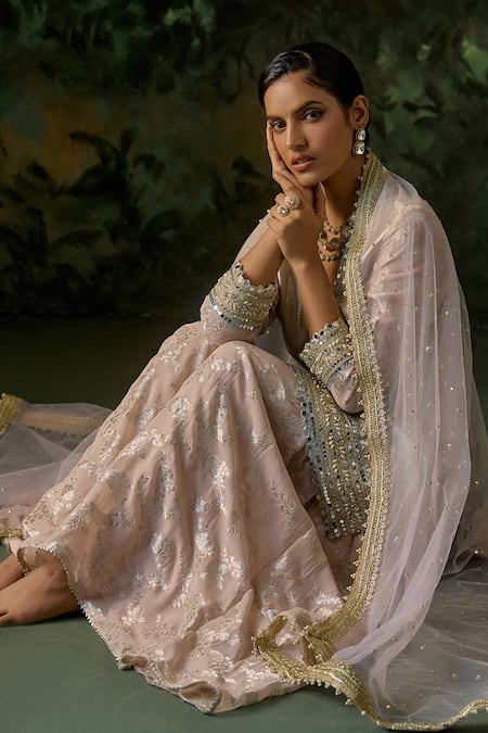 Mustard Moon By Neyha And Vrinda_Beige Brocade, Georgette, Net Mirrors, Sequins, Embroidery, Kurta Sharara Set _at_Aza_Fashions