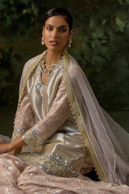 Buy_Mustard Moon By Neyha And Vrinda_Beige Brocade, Georgette, Net Mirrors, Sequins, Embroidery, Kurta Sharara Set 