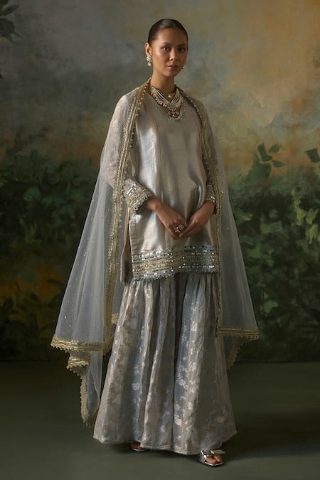 Mustard Moon By Neyha And Vrinda_Blue Brocade, Georgette, Net Mirrors, Sequins, Zari Kurta And Jacquard Sharara Set _Online_at_Aza_Fashions