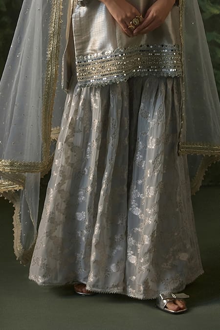 Buy_Mustard Moon By Neyha And Vrinda_Blue Brocade, Georgette, Net Mirrors, Sequins, Zari Kurta And Jacquard Sharara Set _Online_at_Aza_Fashions