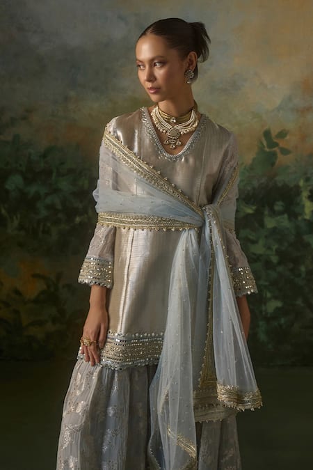 Shop_Mustard Moon By Neyha And Vrinda_Blue Brocade, Georgette, Net Mirrors, Sequins, Zari Kurta And Jacquard Sharara Set _Online_at_Aza_Fashions