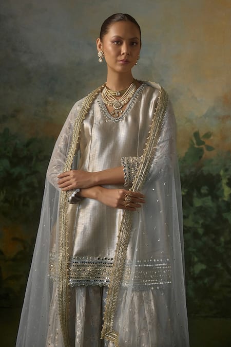 Mustard Moon By Neyha And Vrinda_Blue Brocade, Georgette, Net Mirrors, Sequins, Zari Kurta And Jacquard Sharara Set _at_Aza_Fashions