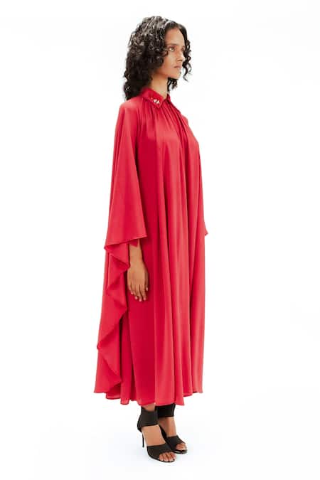 Shop_Leh Studios_Red Viscose, Polyester, Crepe Collared Alara Embellished Dress _Online_at_Aza_Fashions