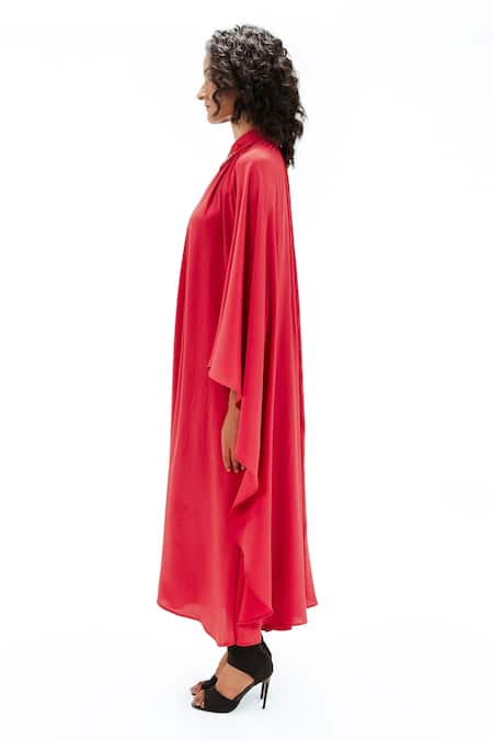 Leh Studios_Red Viscose, Polyester, Crepe Collared Alara Embellished Dress _at_Aza_Fashions