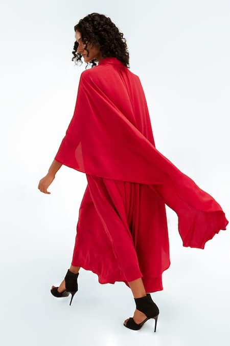 Buy_Leh Studios_Red Viscose, Polyester, Crepe Collared Alara Embellished Dress 