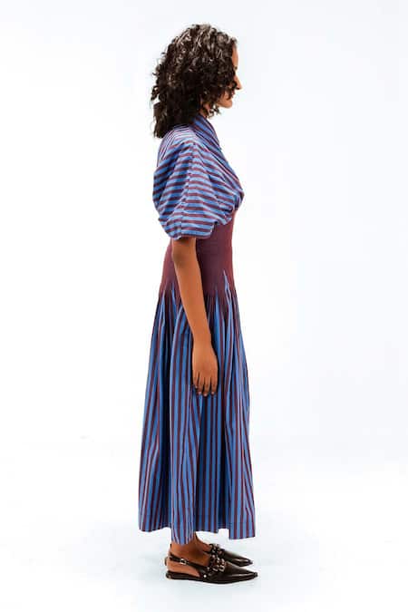 Leh Studios_Blue Cotton Collared, Button-down Neck Zora Striped Dress _Online_at_Aza_Fashions