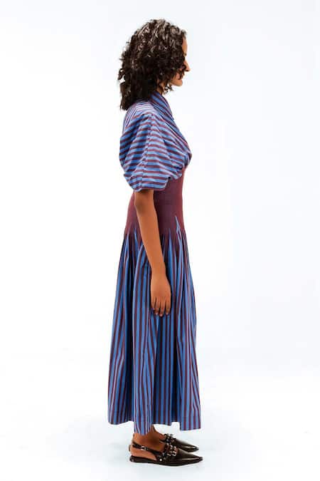 Buy_Leh Studios_Blue Cotton Collared, Button-down Neck Zora Striped Dress _Online_at_Aza_Fashions