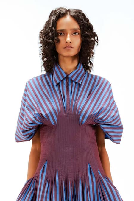 Shop_Leh Studios_Blue Cotton Collared, Button-down Neck Zora Striped Dress _Online_at_Aza_Fashions
