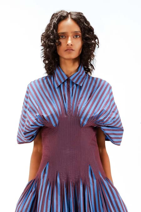 Leh Studios_Blue Cotton Collared, Button-down Neck Zora Striped Dress _at_Aza_Fashions