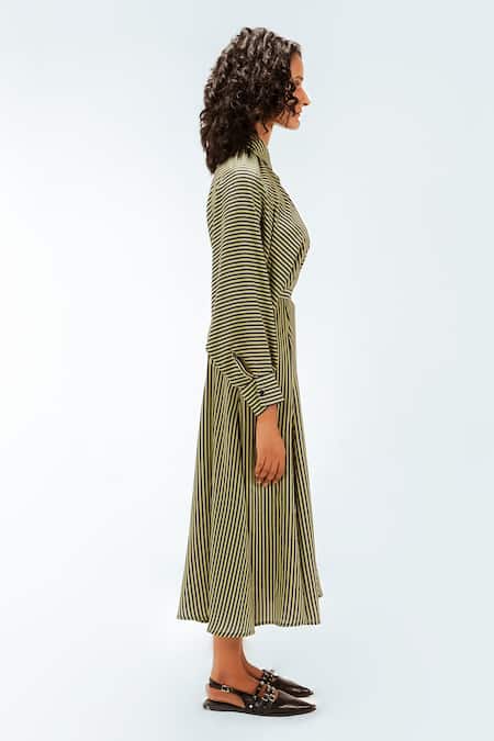Leh Studios_Olive Green Viscose, Polyester, Crepe Collared, Bernie Stripe Pattern Dress _Online_at_Aza_Fashions