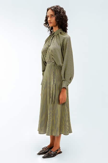 Buy_Leh Studios_Olive Green Viscose, Polyester, Crepe Collared, Bernie Stripe Pattern Dress _Online_at_Aza_Fashions
