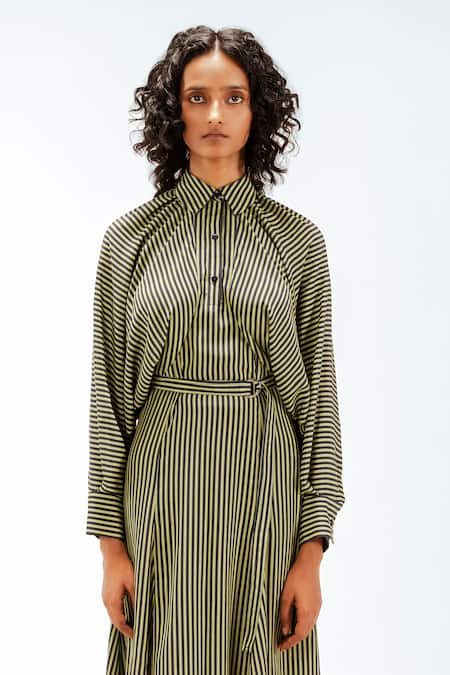 Shop_Leh Studios_Olive Green Viscose, Polyester, Crepe Collared, Bernie Stripe Pattern Dress _Online_at_Aza_Fashions