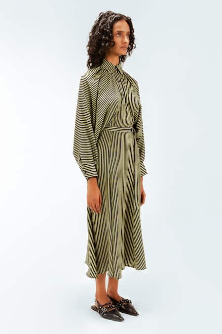 Leh Studios_Olive Green Viscose, Polyester, Crepe Collared, Bernie Stripe Pattern Dress _at_Aza_Fashions
