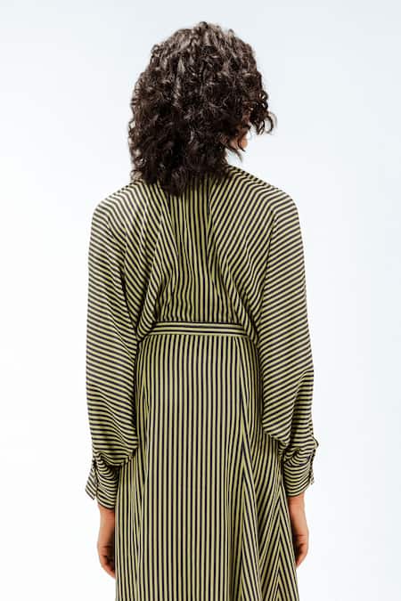 Buy_Leh Studios_Olive Green Viscose, Polyester, Crepe Collared, Bernie Stripe Pattern Dress 