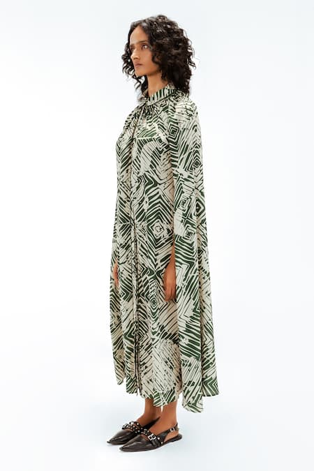 Leh Studios_Green Viscose, Polyester Piping Collared, Florix Print Crepe Cape Dress _Online_at_Aza_Fashions