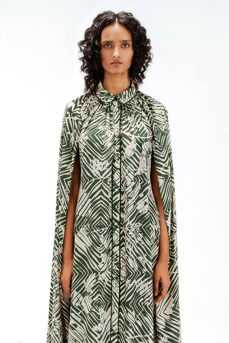 Buy_Leh Studios_Green Viscose, Polyester Piping Collared, Florix Print Crepe Cape Dress _Online_at_Aza_Fashions