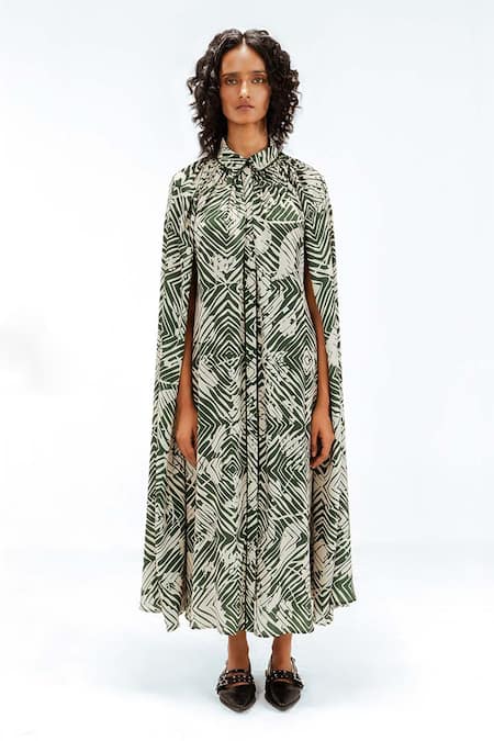 Leh Studios Florix Print Crepe Cape Dress 