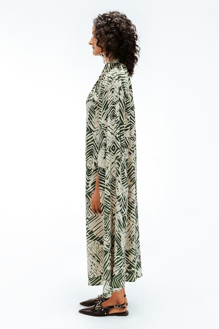 Shop_Leh Studios_Green Viscose, Polyester Piping Collared, Florix Print Crepe Cape Dress _Online_at_Aza_Fashions