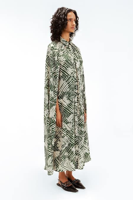 Leh Studios_Green Viscose, Polyester Piping Collared, Florix Print Crepe Cape Dress _at_Aza_Fashions