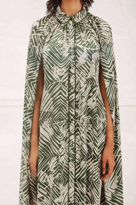 Buy_Leh Studios_Green Viscose, Polyester Piping Collared, Florix Print Crepe Cape Dress 