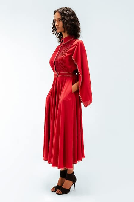 Leh Studios_Red Viscose, Polyester Collared Selma Pleated Dress _Online_at_Aza_Fashions
