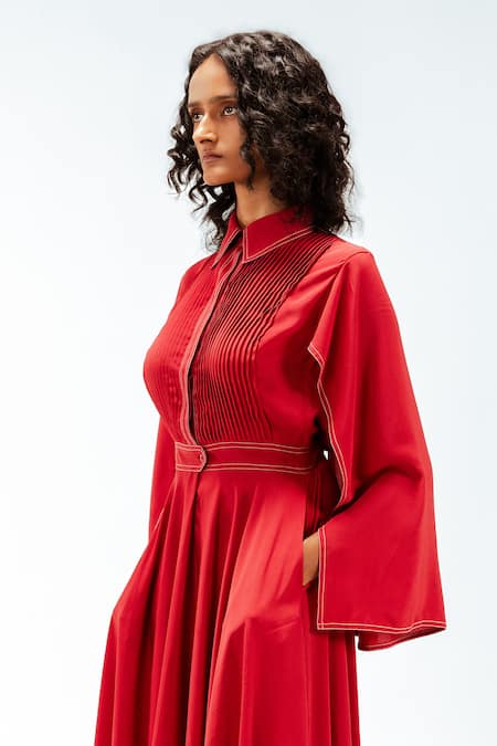 Buy_Leh Studios_Red Viscose, Polyester Collared Selma Pleated Dress _Online_at_Aza_Fashions