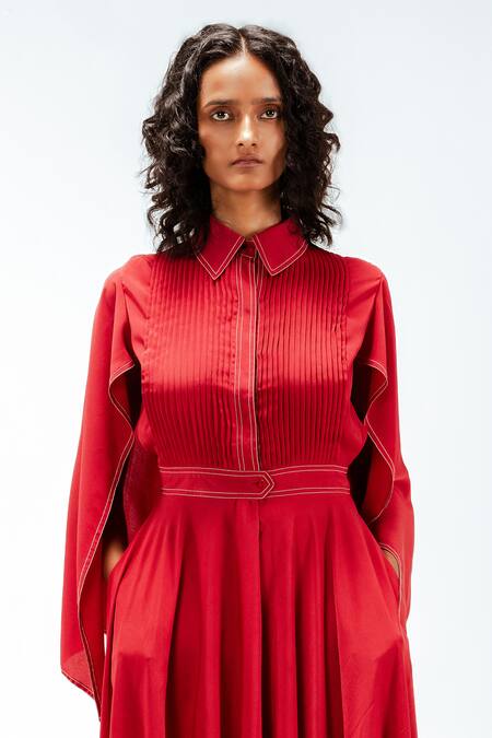 Shop_Leh Studios_Red Viscose, Polyester Collared Selma Pleated Dress _Online_at_Aza_Fashions
