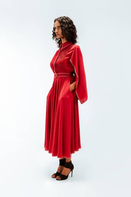 Leh Studios_Red Viscose, Polyester Collared Selma Pleated Dress _at_Aza_Fashions