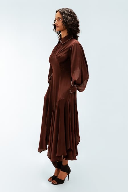 Buy_Leh Studios_Brown Viscose, Polyester, Crepe Collared, Polo Willa Handkerchief Hem Dress _Online_at_Aza_Fashions
