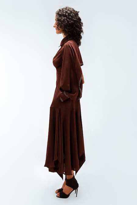 Shop_Leh Studios_Brown Viscose, Polyester, Crepe Collared, Polo Willa Handkerchief Hem Dress _Online_at_Aza_Fashions