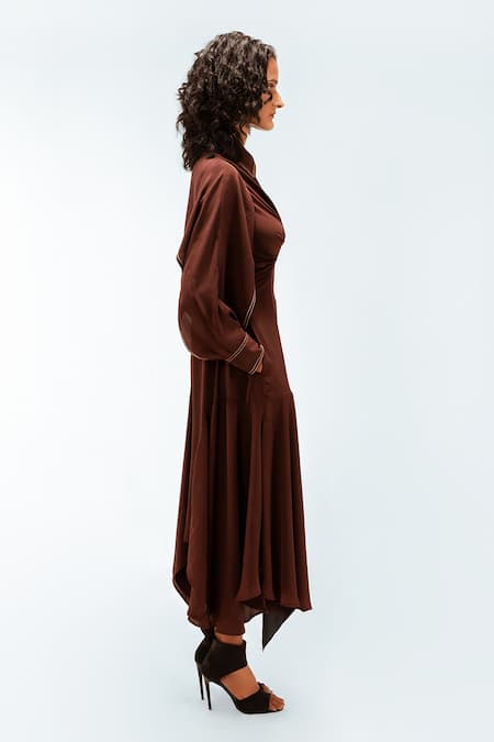 Leh Studios_Brown Viscose, Polyester, Crepe Collared, Polo Willa Handkerchief Hem Dress _at_Aza_Fashions