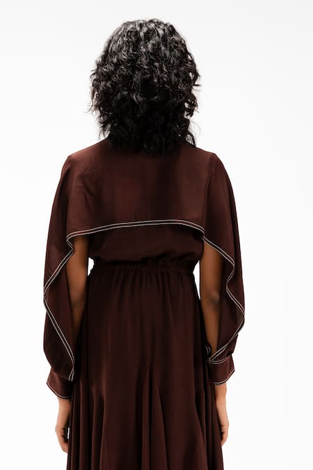 Buy_Leh Studios_Brown Viscose, Polyester, Crepe Collared, Polo Willa Handkerchief Hem Dress 