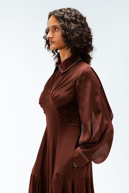 Shop_Leh Studios_Brown Viscose, Polyester, Crepe Collared, Polo Willa Handkerchief Hem Dress 