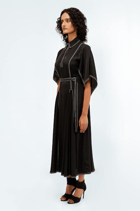 Leh Studios_Black Viscose, Polyester Piping Collared, Button-down Neck Samara Panelled Dress _Online_at_Aza_Fashions
