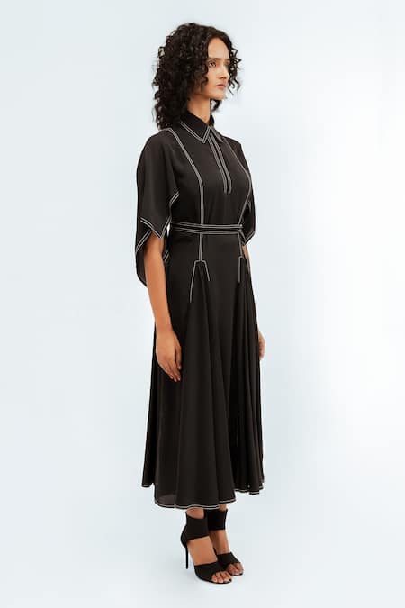 Buy_Leh Studios_Black Viscose, Polyester Piping Collared, Button-down Neck Samara Panelled Dress _Online_at_Aza_Fashions