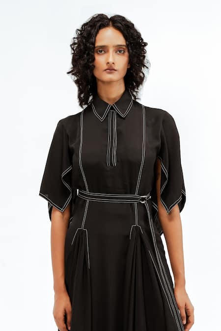 Shop_Leh Studios_Black Viscose, Polyester Piping Collared, Button-down Neck Samara Panelled Dress _Online_at_Aza_Fashions