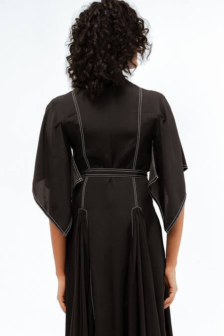 Leh Studios_Black Viscose, Polyester Piping Collared, Button-down Neck Samara Panelled Dress _at_Aza_Fashions