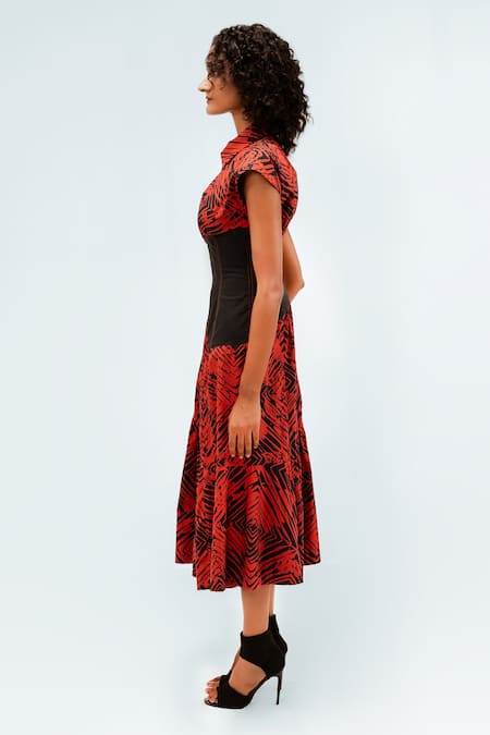 Leh Studios_Black Cotton Collared Florix Print Basque Tiered Dress _Online_at_Aza_Fashions