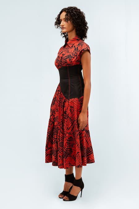Buy_Leh Studios_Black Cotton Collared Florix Print Basque Tiered Dress _Online_at_Aza_Fashions