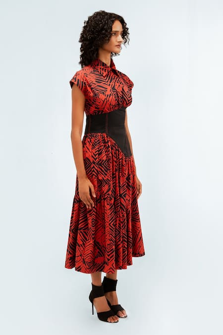 Shop_Leh Studios_Black Cotton Collared Florix Print Basque Tiered Dress _Online_at_Aza_Fashions