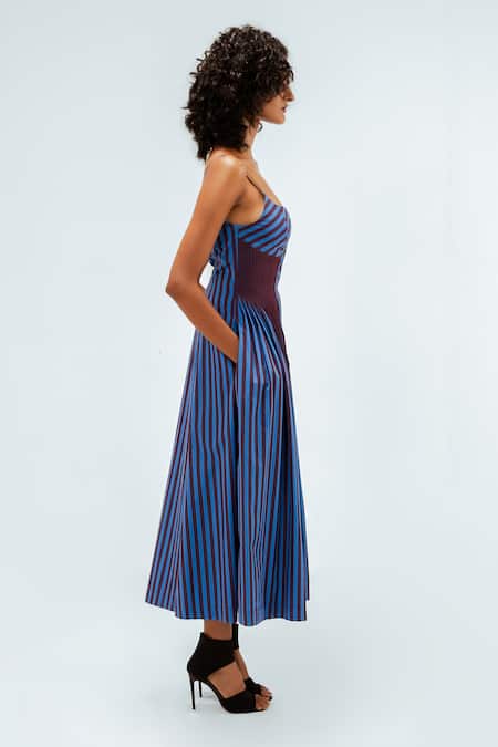 Leh Studios_Blue Cotton Square Neck Meva Sleeveless Dress _Online_at_Aza_Fashions