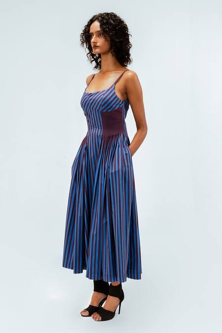 Buy_Leh Studios_Blue Cotton Square Neck Meva Sleeveless Dress _Online_at_Aza_Fashions