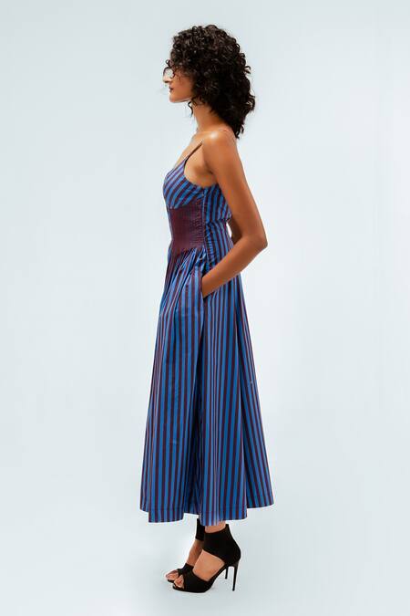 Shop_Leh Studios_Blue Cotton Square Neck Meva Sleeveless Dress _Online_at_Aza_Fashions