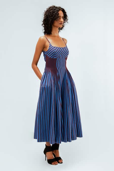 Leh Studios_Blue Cotton Square Neck Meva Sleeveless Dress _at_Aza_Fashions